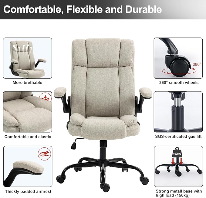 Office Chair High Back Ergonomic Executive Computer Desk Chair Comfortable Fabric Padded Home Office Desk Chairs with Flip-up Arm Rest Adjustable Height Swivel Wheels (Beige)