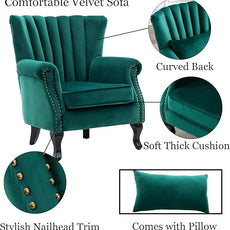 Velvet Accent Chairs Set of 2 with Arm Comfy Living Room Chair Mid-Century Modern Wingback Side Chair Single Sofa Couch for Bedroom Guest Room, Green