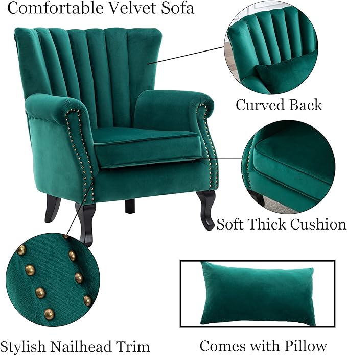 Velvet Accent Chairs Set of 2 with Arm Comfy Living Room Chair Mid-Century Modern Wingback Side Chair Single Sofa Couch for Bedroom Guest Room, Green