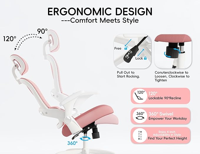 TRALT Office Chair - Ergonomic Office Chair with Back Support, Computer Chair - Home Office Desk Chairs, 330lbs Wide Seat Big and Tall Office Chairs with Headrest, Comfy Desk Chairs (Pink)