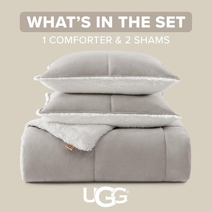 UGG Blissful Full/Queen Comforter Set with 2 Pillow Shams Reversible White Comforter Plush Fluffy Warm Bed Set Premium Down Alternative Bedding for College Dorm Essentials, Full/Queen, Seal Gray