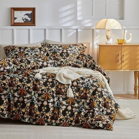 MKXI Shabby Chic Floral Black Comforter Set Nature-Inspired Bedding Comforters Cottage Style Botanical Bed Comforter Set Bohemian Full Size Comforter Set Black Floral