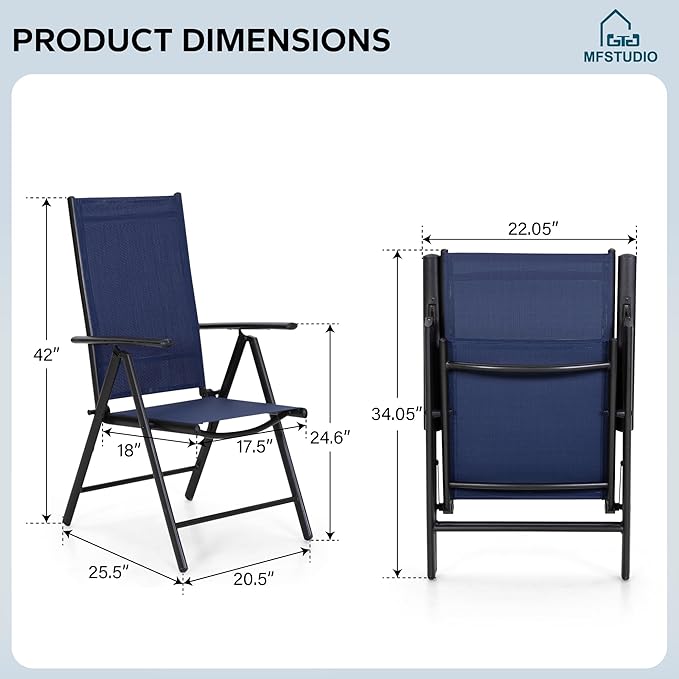 MFSTUDIO Patio Folding Chairs Set of 8, Outdoor Patio Dining Chairs, Portable Blue Sling Patio Chairs, 7 Levels Adjustable Sling Back Chairs for Backyard Lawn Garden