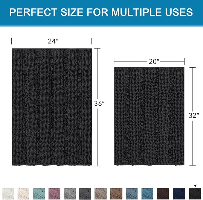 H.VERSAILTEX 2 Piece Bathroom Set - Super Absorbent Chenille Striped Bath Mats - Non Skid Machine Wash Dry Rugs for Bathroom Floor (Black, 24 x 36 Plus 20 x 32 - Inches)