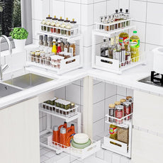 2 Pack Under Sink Organizer, Heavy Duty Metal Slide Out Sink Shelf Organizer Height Adjustable, Multi-Purpose Storage Shelf for Kitchen Bathroom (White,2Pack)