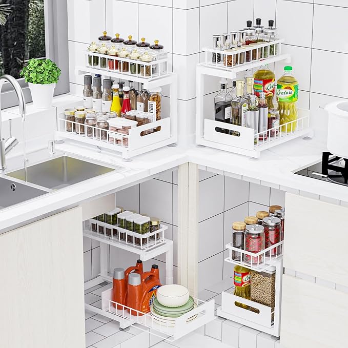 2 Pack Under Sink Organizer, Heavy Duty Metal Slide Out Sink Shelf Organizer Height Adjustable, Multi-Purpose Storage Shelf for Kitchen Bathroom (White,2Pack)