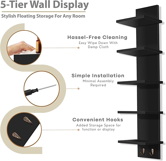 Sorbus 5 Tier Wall Shelf Unit with Hooks, Vertical Column Utility Shelving for Home Decor and Storage Organizer, Wall-Mounted Floating Shelves for Bathroom Storage, Bedroom, Living Room