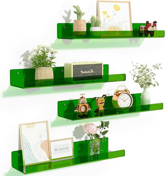 upsimples Acrylic Shelves for Wall Decor, 15" Display Shelf Perfume Organizer for Bathroom, Bedroom, Living Room, Floating Bookshelves for Kids, Clear Green, 4 Pack