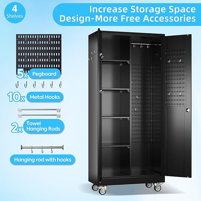 SUXXAN Broom Closet Storage Cabinet with Wheels 71.4"x 33.9"x16.9", Metal Cleaning Cabinets with Hooks and Hanging Rods, Lockable Cabinet with Pegboard, Adjustable Shelf,for Garage, Laundry Room