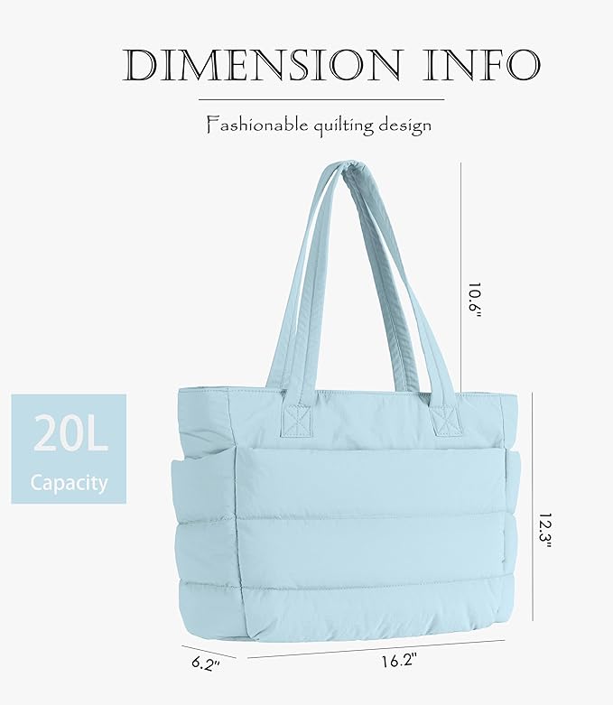 Puffer Tote Bag for Women, Cute Quilted Carryall with Zippered Compartments Shoulder Bag Handbag for Work, Travel, Gym