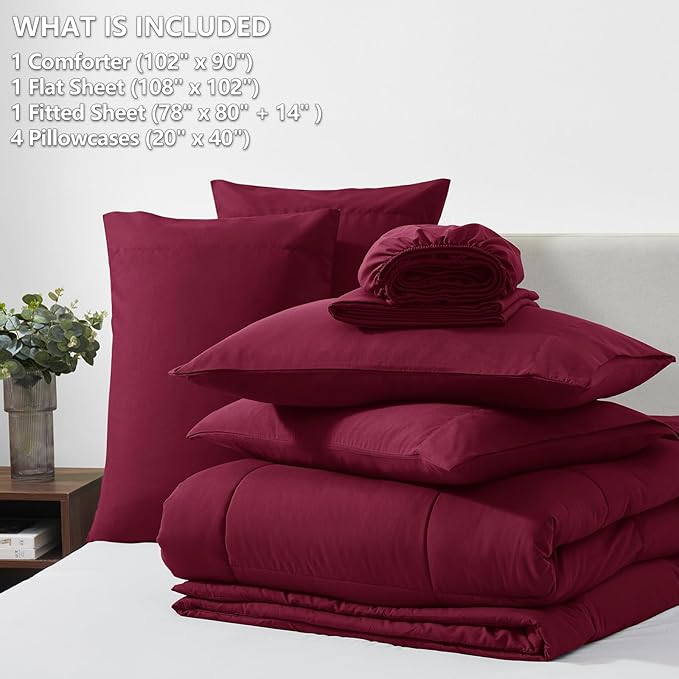 CozyLux King Size Comforter Set Burgundy, 7 Pieces Bed in a Bag, Red Comforter King Size, All Season Bedding Sets with Stitch Quilted Comforter, Flat Sheet, Fitted Sheet, Pillowcases