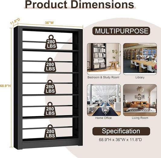 Metal Bookshelf,69" Tall Wide Industrial Bookshelf,5-Tier Sturdy Bookcase with Adjustable Shelves,Heavy Duty Strong open bookshelf,Black Bookcase with 6 Shelves for Office, Living Room, Library