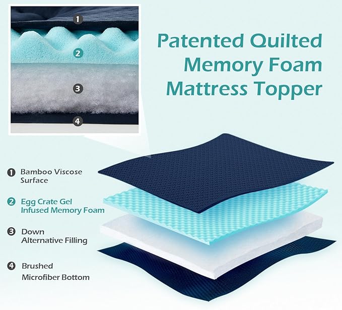 Hansleep Queen Mattress Topper Viscose Derived from Bamboo, Memory Foam Pillow Top Mattress Topper Queen with Deep Pocket, Breathable Mattress Pad for Back Pain Relief, 60" x80", Navy Blue