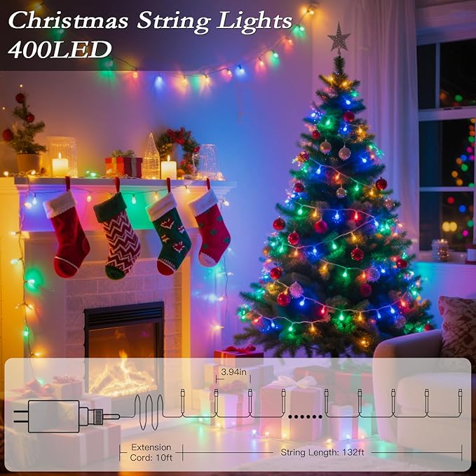 132FT 400 LED Christmas Tree Lights, Bright Warm White to Multicolor Outdoor Christmas String Lights for House, Fairy Lights with 11 Modes, Waterproof & Durable Indoor Outdoor Decor