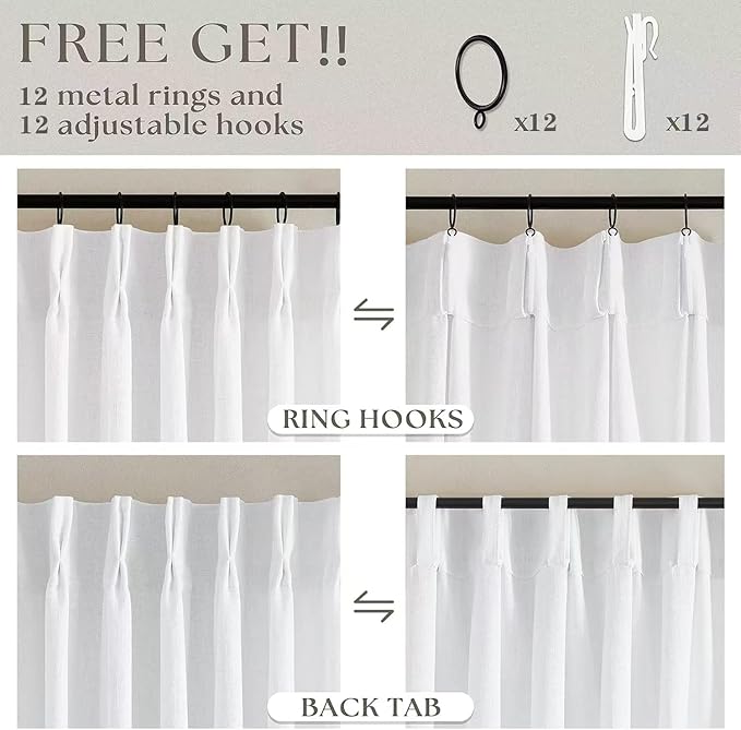 Pinch Pleated Extra Wide Linen Curtains 84 Inches Long for Patio Sliding Glass Door White 60 Inch Wide Pleated Drapes with Hooks Rings Neutral Semi Sheer 60x84 Curtain for Living Room 1 Panel