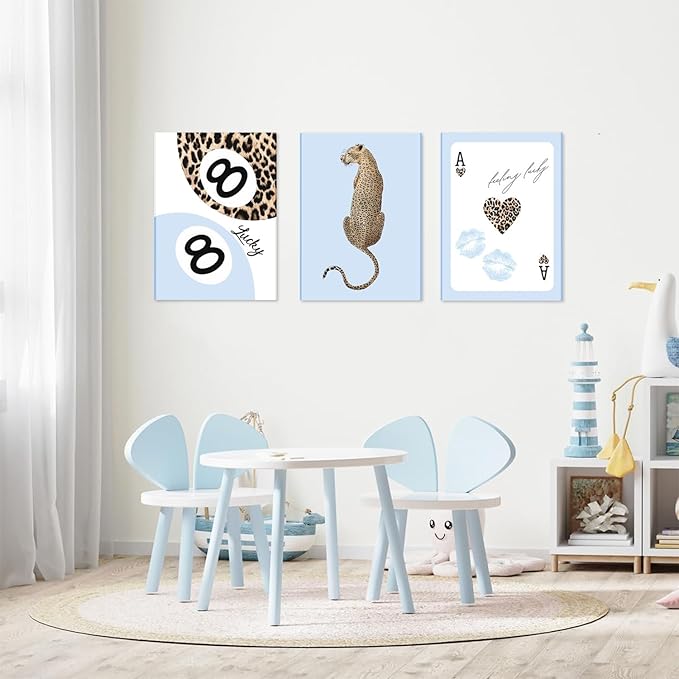 Trendy Leopard Canvas Wall Art Set of 3,Blue Cheetah Y2k Wall Decor Paintings,Funky Lucky You 8 Ball Posters Prints Pictures for Girls Room Dorm Apartment Living Room Home Decor 12x16 Inch Framed