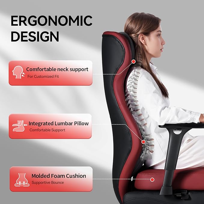 EMIAH Ergonomic Office Chair with Foot Rest Reclining Office Chair with Adjustable Arms and Headrest High Back Gaming Chair with Lumbar Support, PU Leather(Red),Manual