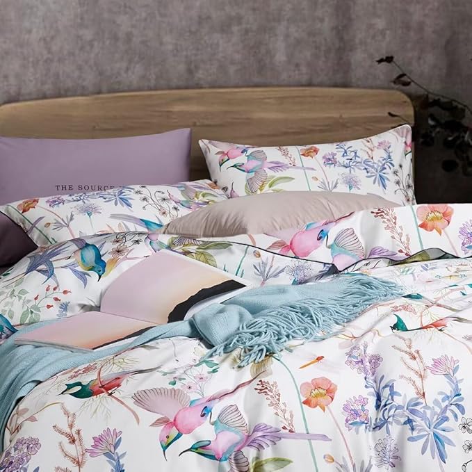 MKXI Purple Comforter Set Twin Size Microfiber Quilt with 2 Pillowcases Soft Comforter 68"x90" Birds and Floral Pattern Botanical Comforters