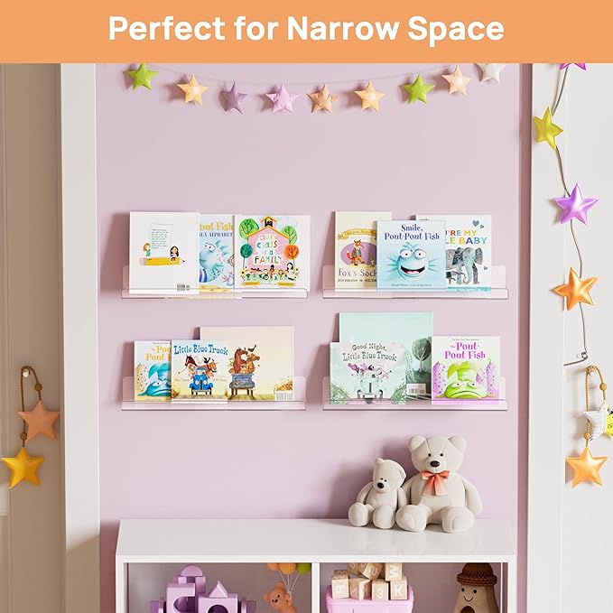 upsimples Acrylic Shelves for Bathroom Storage, 15" Floating Shelves Wall Organizer for Perfume, Make up, Skincare, Kids Bookshelf for Bedroom, Nursery, Living Room Decor, Clear, 2 Pack