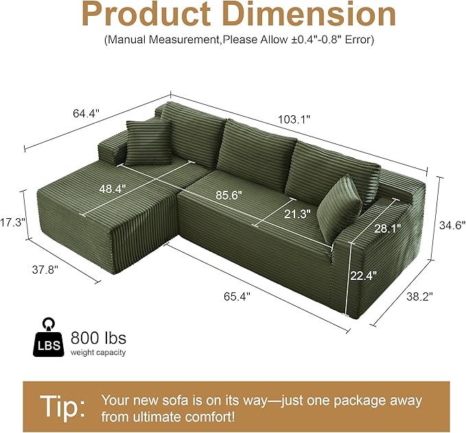105''Sectional Cloud Couch with L Shaped Chaise,Modern Modular Sectional Sofa,Comfy Sectional Couches for Living Room,Bedroom,Apartment (Green, 105''W Left Facing Chaise)
