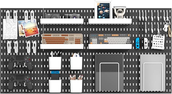 Pegboard Combination Kit, Wall Mounted Storage Set with 8 Pegboards & 28 Accessories Hanging, Peg Boards Organizer for Walls Display, Crafts Organization, Kitchen Organizer, 22" x 44" Black