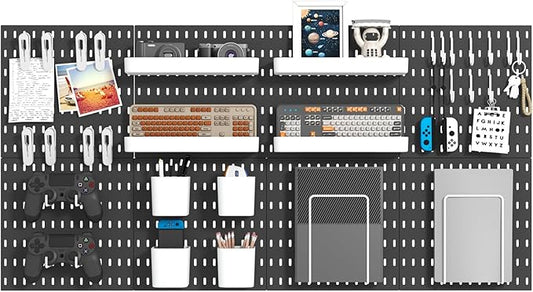 Pegboard Combination Kit, Wall Mounted Storage Set with 8 Pegboards & 28 Accessories Hanging, Peg Boards Organizer for Walls Display, Crafts Organization, Kitchen Organizer, 22" x 44" Black