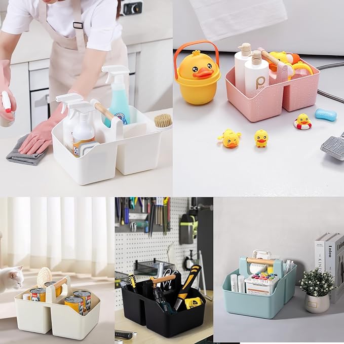 rejomiik Portable Shower Caddy Basket with Bamboo Handle, Plastic Cleaning Caddy Bathroom Organizer Tote for College Dorm Essentials, Bath Toy Storage, White