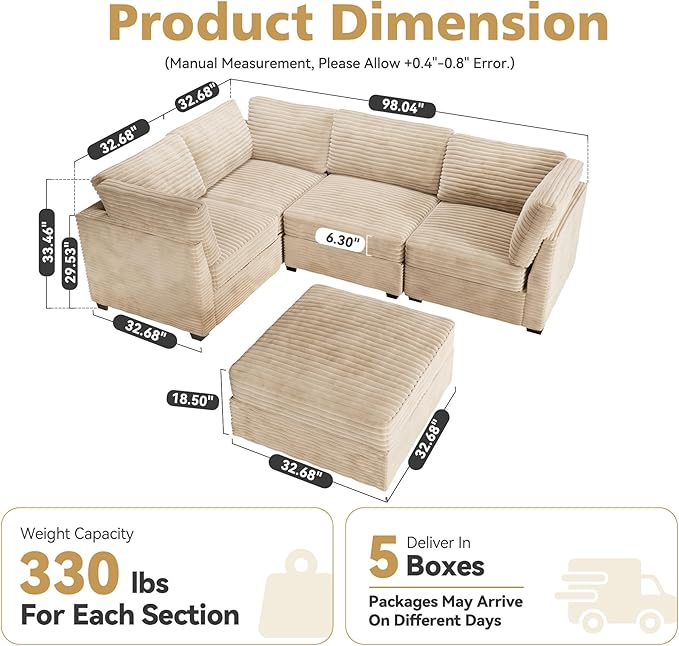 Modular Sectional Sofa,5 Pieces Sectional Couches for Living Room,131X65 L Shaped Cloud Couch with Ottoman Chaise Set