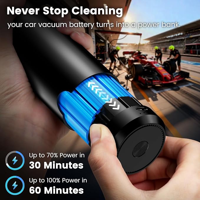 Cordless Car Vacuum Cleaner with Removable Battery as 35W Power Bank, 6-in-1 Handheld Vacuum Blower Set,18000PA Mini Vacuum Cleaner 6000mAH with Brushless Motor for Car Home Pet Cleaning