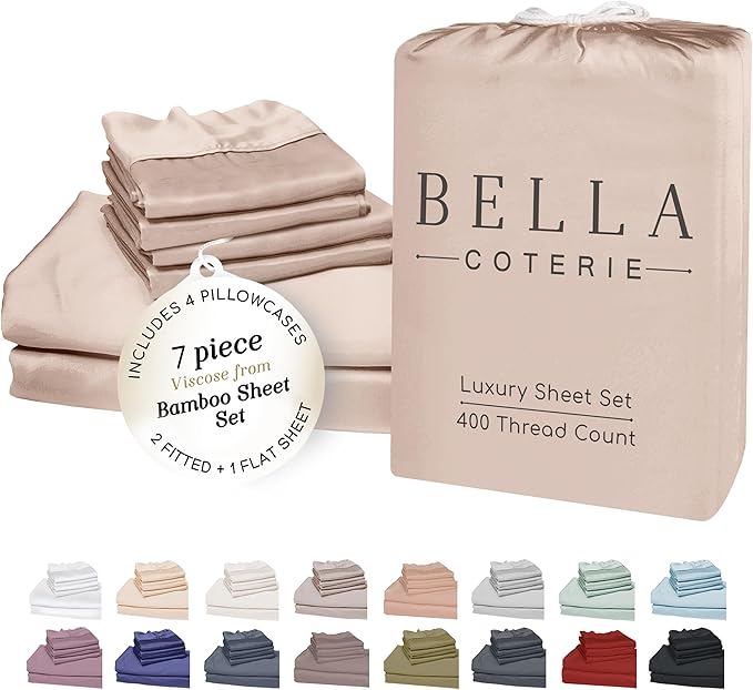 Bella Coterie 7 Piece Luxury Bamboo Viscose Split King Size Sheet Set | 2 Fitted Sheets for Adjustable Beds | 100% Organically Grown | Cooling for Hot Sleepers | 4 Pillowcases [Dusty Rose]