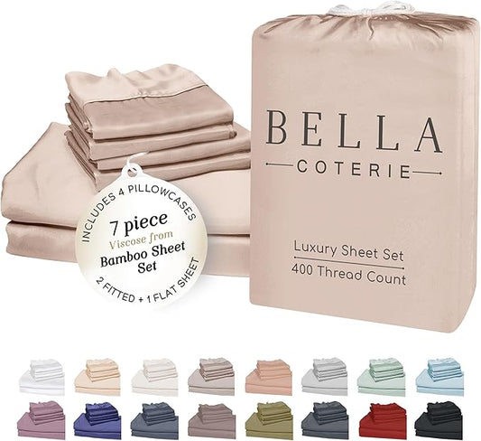 Bella Coterie 7 Piece Luxury Bamboo Viscose Split King Size Sheet Set | 2 Fitted Sheets for Adjustable Beds | 100% Organically Grown | Cooling for Hot Sleepers | 4 Pillowcases [Dusty Rose]