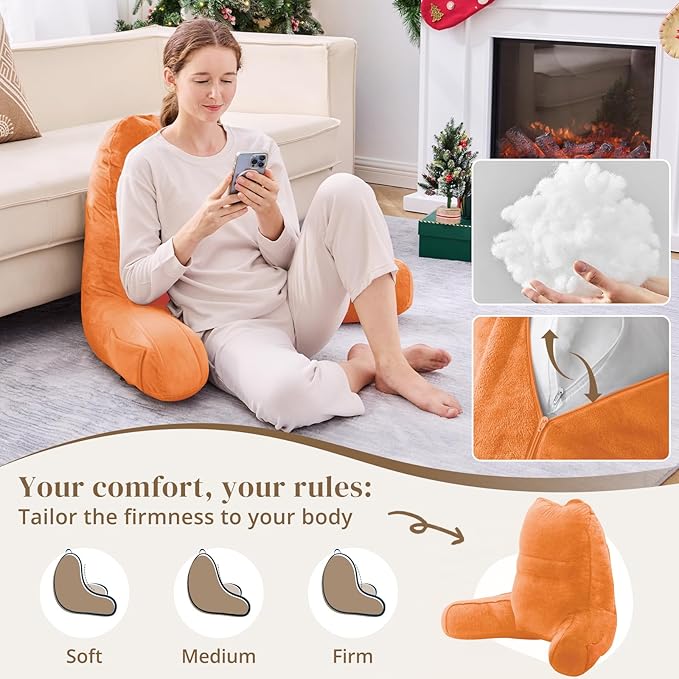 Sasttie Reading Pillow for Bed - 23 Inch, Back Pillow for Bed Sitting Up, Back-Rest Support Cushion with Side Pockets and Arms, Dorm Essentials, Oeko-Tex Certified, Orange