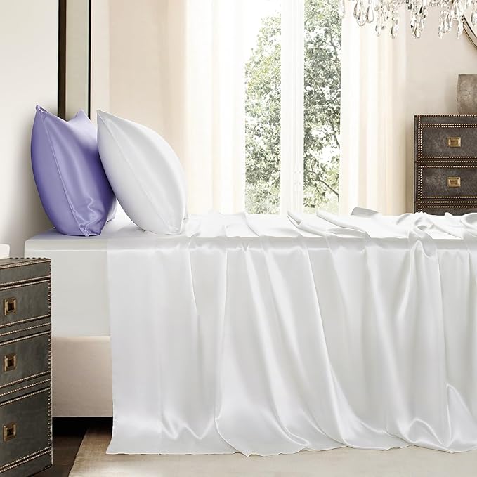 Satin Sheets Twin Size - 3 Pieces Luxury Silky Soft Bed Sheets for Kids, Wrinkle-Free White Satin Silk Sheet Set with 1 Deep Pocket Fitted Sheet, 1 Flat Sheet, 1 Pillow case