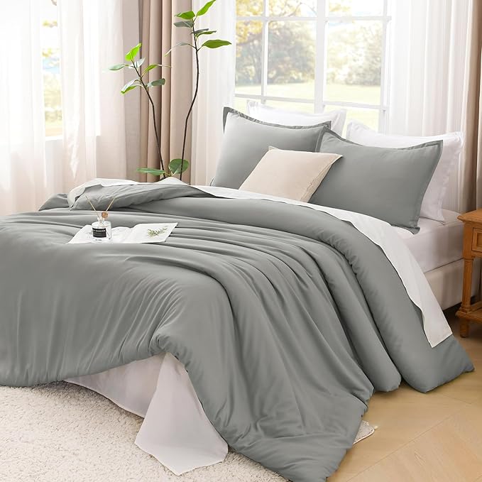 Litanika Comforter Set, Lightweight Solid Bedding Comforter Set, Fluffy Down Alternative Bed Set, Midium Grey, Oversized Queen
