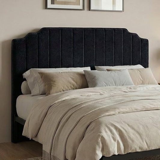 King Headboard Only - Black Velvet Upholstered Headboard for Bed, No Assembly Required, Pure Sponge Design, Place Between Bed & Wall, Vertical Stripe with Stepped Crown Top Edge