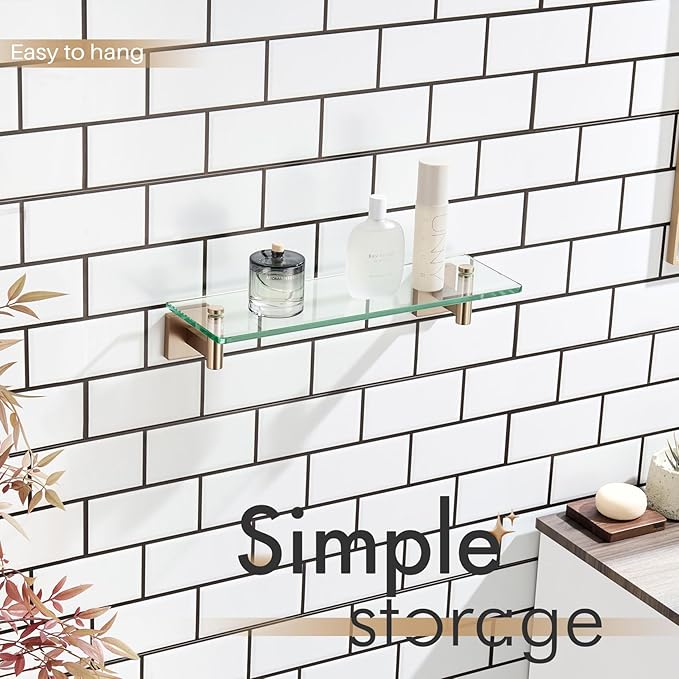 KOKOSIRI Wall Shelves Bathroom Hardware Glass Floating Shelf Small Hanging Rack Storage/Room Decor 16-Inch Champagne Bronze 2 Pack B1105CPG-L16-P2