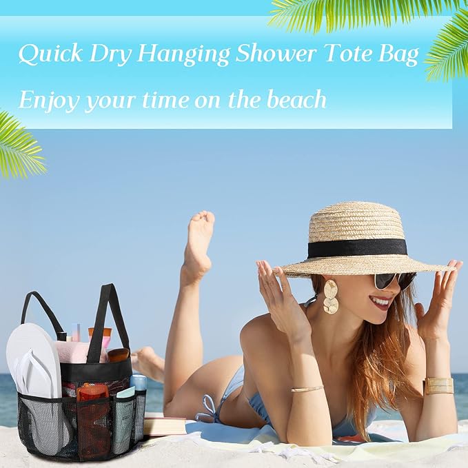 Hillban 4 Pcs Mesh Shower Caddy Portable Large Quick Dry Shower Caddy Basket with Deeper 8 Pockets and 2 Handles Hanging Bag for College Dorm Room(Black)