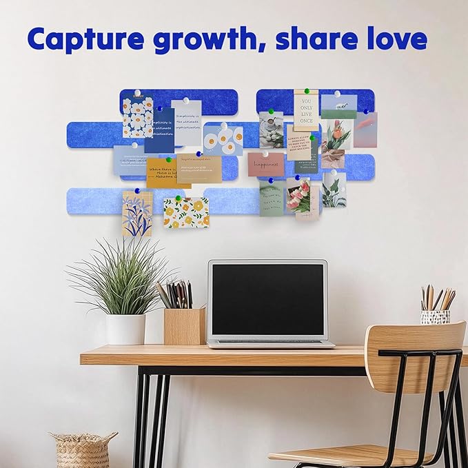 8Pcs Felt Bulletin Board Strips, Cork Board Strips for Walls Self Adhesive with 50 Pushpins, Colorful Cork Strips for Office Classroom Decor, Small Bulletin Board to Paste Photos, Notes (Blue)