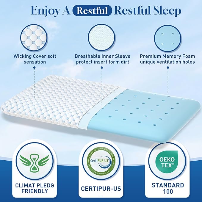 CloudBliss Ultra Slim 2.75” Pillows for Side | Back | Stomach Sleepers, Memory Foam Flat Pillow, Low Profile Sleeper Pillows with Double Sided Comfortable Breathable Pillow Cover, Queen