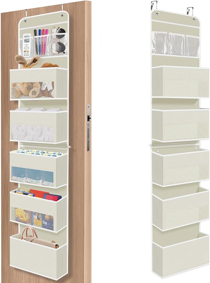 6-Tier Over The Door Organizer, Hanging Storage Organizer with Clear Window, 40lb Ultra Sturdy Large Capacity Room Organizer for Pantry Bathroom Nursery Closet Baby Essential (Beige)