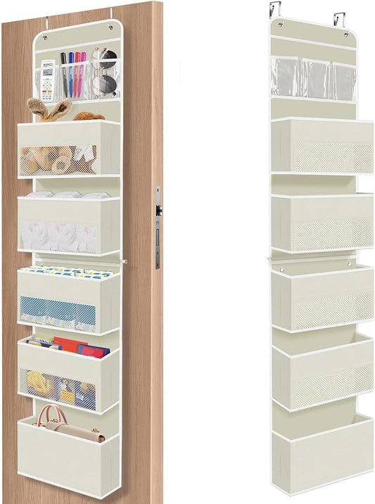 6-Tier Over The Door Organizer, Hanging Storage Organizer with Clear Window, 40lb Ultra Sturdy Large Capacity Room Organizer for Pantry Bathroom Nursery Closet Baby Essential (Beige)