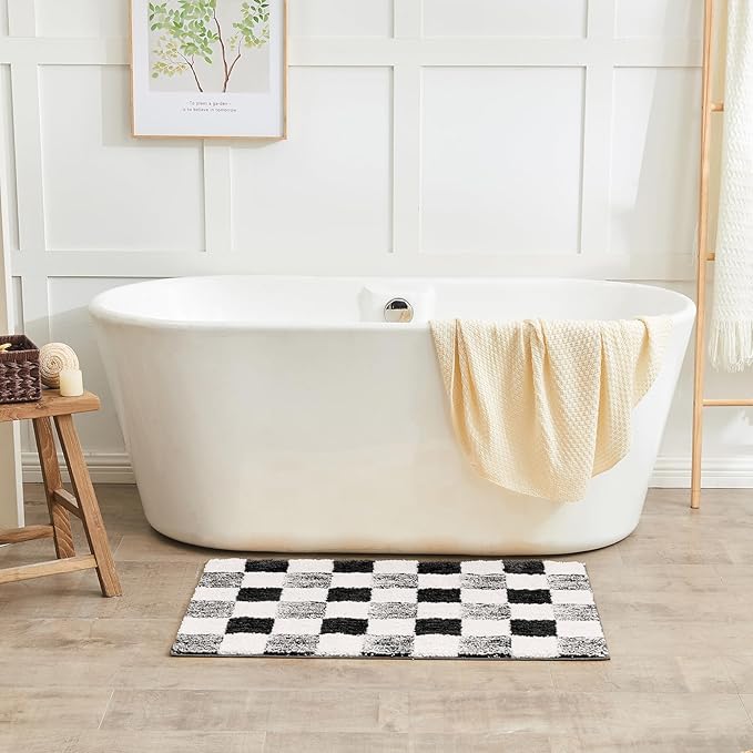 CozeCube Bath mats for Bathroom Non Slip, Fluffy Absorbent Microfiber Bath mat Washable, Aesthetic Bathroom Rugs, Large Jet Black Checkered Bath mat, Jet Black, 36" x 24"