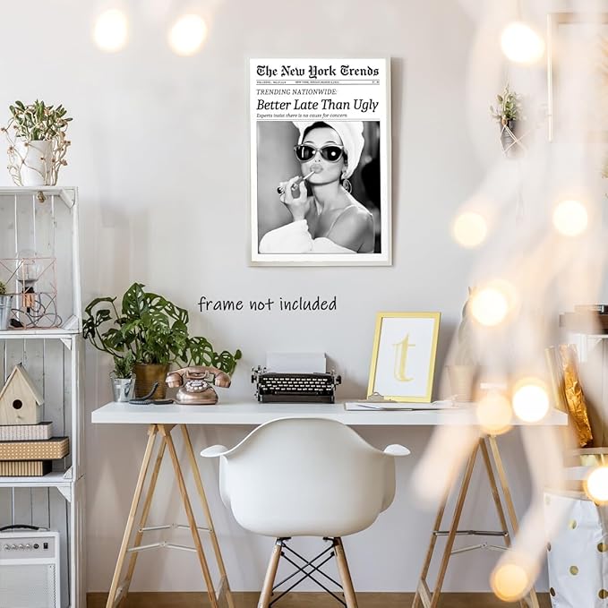 New York Trends Wall Art Black and White Newspaper Better Late Than Ugly Poster Canvas Prints Funky Feminist Posters Trendy College Wall Decor for Bar Cart Girl Dorm Room Bathroom Decorative 24x36inch Unframed