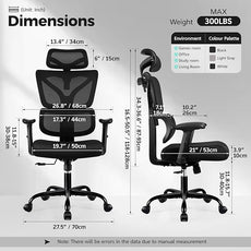 Ergonomic Office Chair High Back Desk Chair with Lumbar Support, Breathable Mesh Computer Chair with Adjustable Armrests Height, Reclining Swivel Big and Tall Gaming Chair for Home Office(Black)
