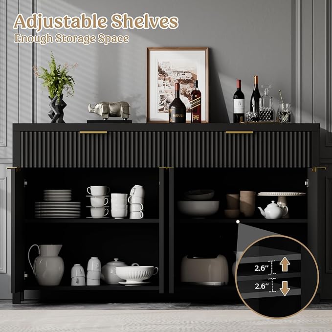 Lulive Black Fluted Buffet Cabinet with Storage 55 inch Wood Large Sideboard with Adjustable Shelves for Entryway Kitchen Living Room