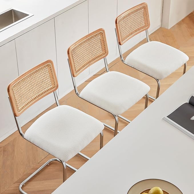 Natural Rattan Counter Height Stools Set of 3 with Solid Wood Back, 24 Inch Mid Century Modern Cesca Bar Stools, White Upholstery Boho Stool for Kitchen Counter with Metal Legs