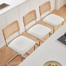 Natural Rattan Counter Height Stools Set of 3 with Solid Wood Back, 24 Inch Mid Century Modern Cesca Bar Stools, White Upholstery Boho Stool for Kitchen Counter with Metal Legs