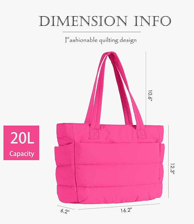 Puffer Tote Bag for Women, Cute Quilted Carryall with Zippered Compartments Shoulder Bag Handbag for Work, Travel, Gym