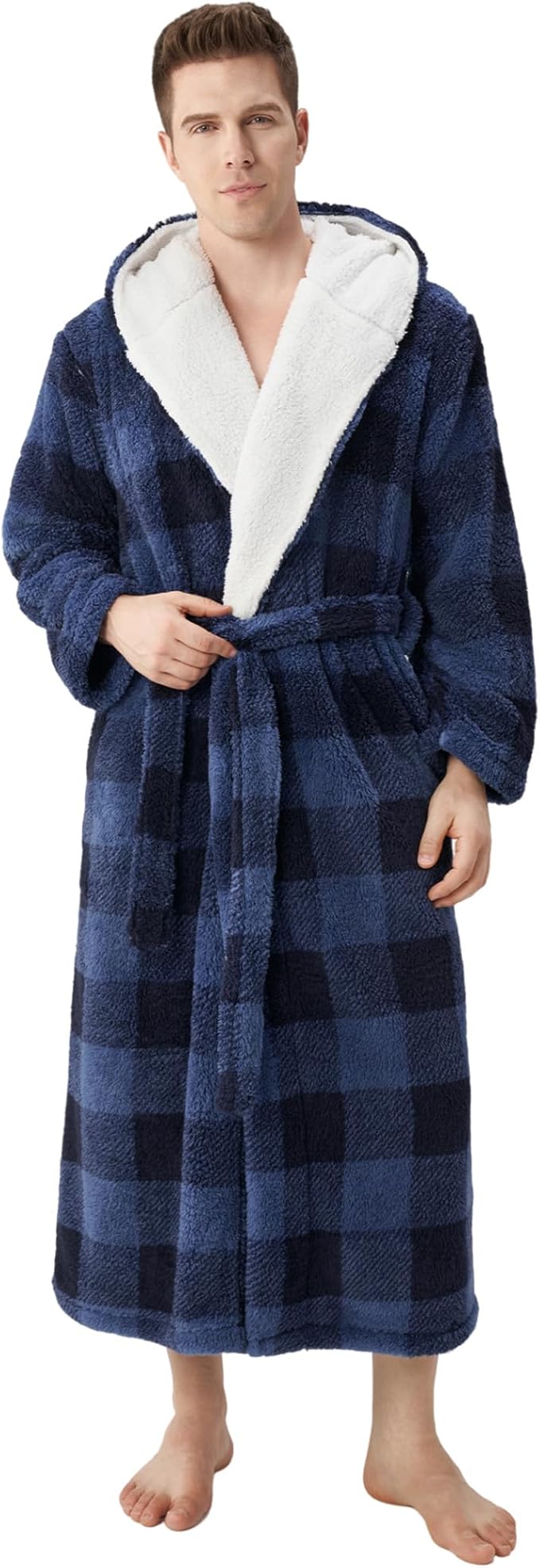 DAVID ARCHY Men's Hooded Robe Soft Coral Fleece Microfiber Bathrobe
