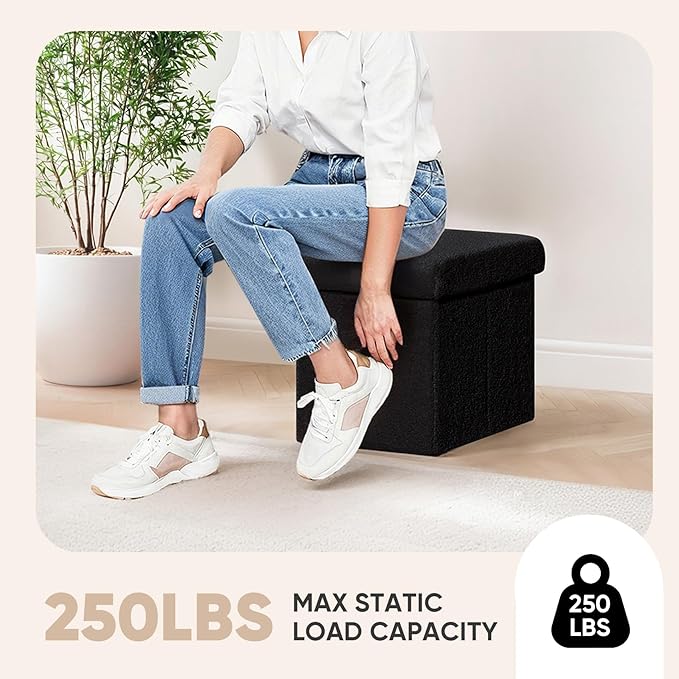 PINPLUS Storage Ottoman Cube Square Shaped Ottomans with Storage Foot Stool Footrest for Lving Room Boucle Ottoman Seat for Dorm Room,Faux Teddy Fur Black,12.6"x12.6"x12.6"